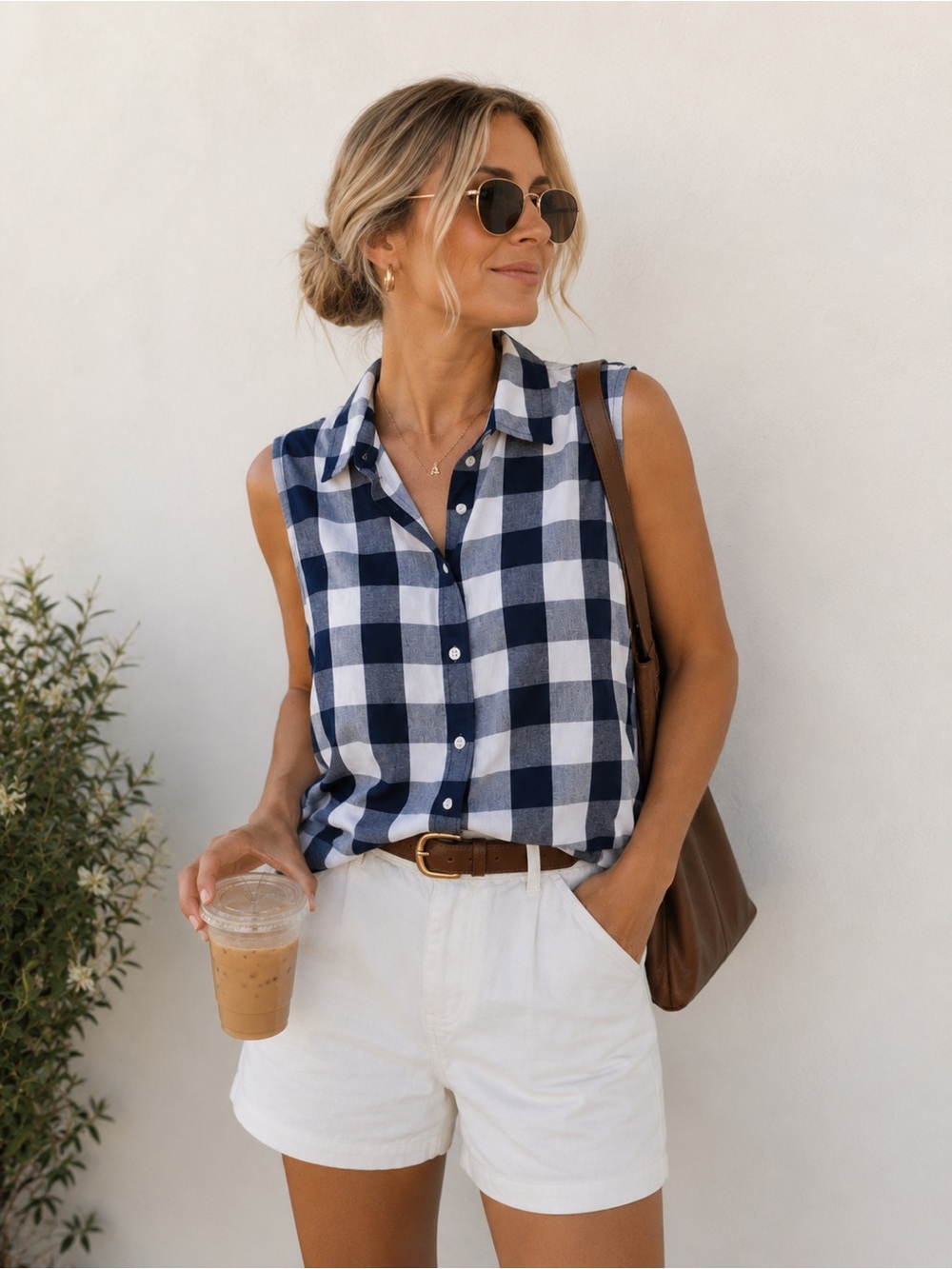 J. Crew Navy & White Buffalo Plaid Sleeveless Button-Front Top